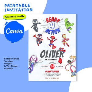 May include: Printable invitation for a superhero themed birthday party. The invitation features a watercolour background with cartoon superheroes, including Spider-Man, Iron Man, and Hulk. The text reads "Ready 4 Action" and "Oliver is turning 4".