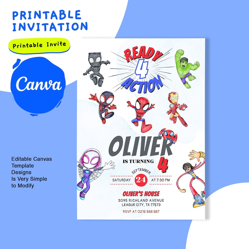 May include: Printable invitation for a superhero themed birthday party. The invitation features a watercolour background with cartoon superheroes, including Spider-Man, Iron Man, and Hulk. The text reads "Ready 4 Action" and "Oliver is turning 4".