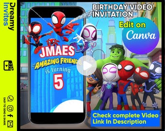 May include: A digital birthday video invitation template for mobile phones featuring animated characters including Spider-Man, Ghost-Spider, and Hulk. The screen displays the text JMAES AND HIS AMAZING FRIENDS is turning 5 with a blue city background.