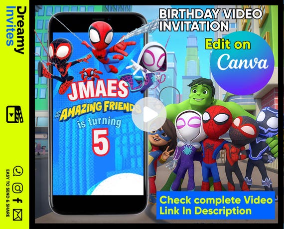 Editable Spidey Birthday Video Invitation, Spidey and Friends Invite, Spiderman Party Video Invite, Canva Template, Digital Invite
