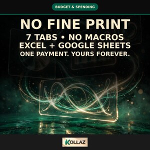 K&ouml;nnte beinhalten: Eine digitale Budget- und Ausgabentabelle mit dem Text: BUDGET & SPENDING, NO FINE PRINT, 7 TABS, NO MACROS, EXCEL + GOOGLE SHEETS, ONE PAYMENT. YOURS FOREVER. KOLLAZ. Der Hintergrund zeigt leuchtende gr&uuml;ne Lichtspuren und Grafiken.