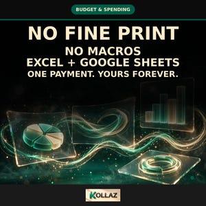 以下が含まれることがあります： BUDGET & SPENDING, NO FINE PRINT, NO MACROS, EXCEL + GOOGLE SHEETS, ONE PAYMENT. YOURS FOREVER. KOLLAZというテキストが記載されたデジタル画像。半透明の浮遊するチャート、円グラフ、光の軌跡を伴う棒グラフが表示されています。