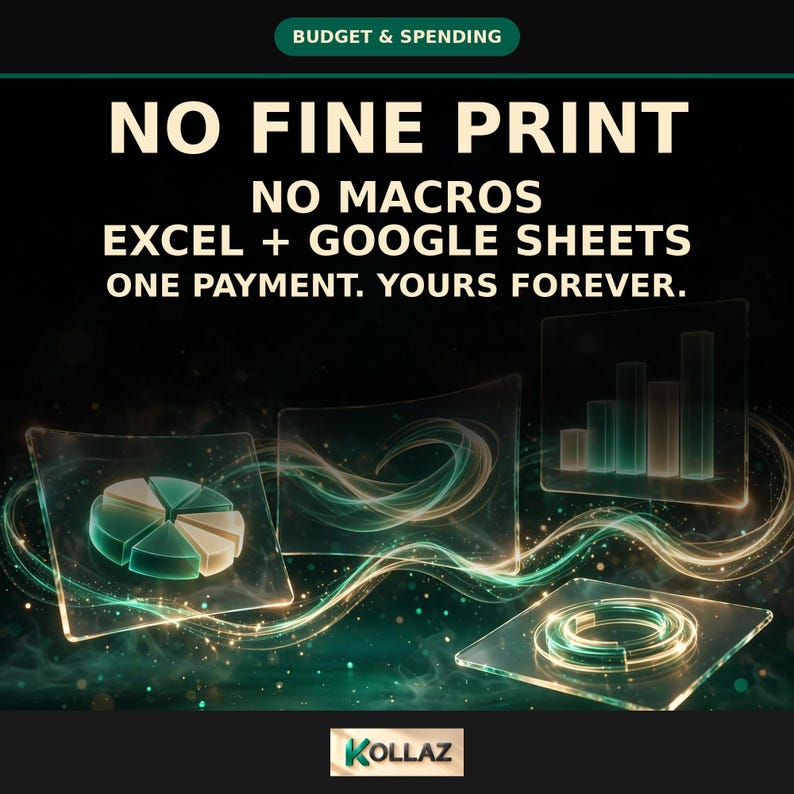 以下が含まれることがあります： BUDGET & SPENDING, NO FINE PRINT, NO MACROS, EXCEL + GOOGLE SHEETS, ONE PAYMENT. YOURS FOREVER. KOLLAZというテキストが記載されたデジタル画像。半透明の浮遊するチャート、円グラフ、光の軌跡を伴う棒グラフが表示されています。