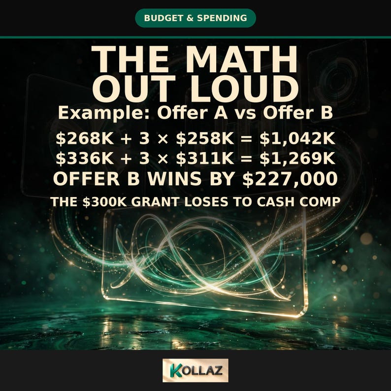 以下が含まれることがあります： BUDGET & SPENDINGというタイトルのグラフィックで、THE MATH OUT LOUDと書かれています。オファーAとオファーBを計算式で比較しています：$268K + 3 x $258K = $1,042K、$336K + 3 x $311K = $1,269K。OFFER B WINS BY $227,000およびTHE $300K GRANT LOSES TO CASH COMPと記載されています。