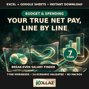 以下が含まれることがあります： ExcelおよびGoogleスプレッドシート用のデジタルスプレッドシートテンプレート。タイトルはYOUR TRUE NET PAY, LINE BY LINE。円グラフ、棒グラフ、および7 TABS、BREAK-EVEN SALARY FINDER、7-TAB WORKBOOK、24-SCENARIO VALIDATED、NO MACROS、KOLLAZというテキストが含まれています。