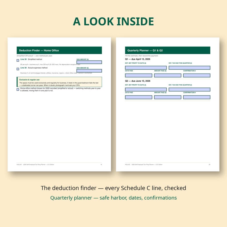 2026 Self-Employed Tax Filing Planner (U.S. Edition) | Schedule C Deduction Finder, Quarterly Planner & CPA Handoff Packet zdjęcie 3