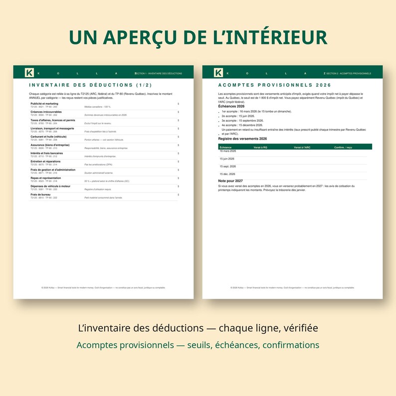 Planificateur fiscal 2026 travailleur autonome Québec | TP-80 + T2125, acomptes provisionnels, dossier comptable | PDF remplissable image 3