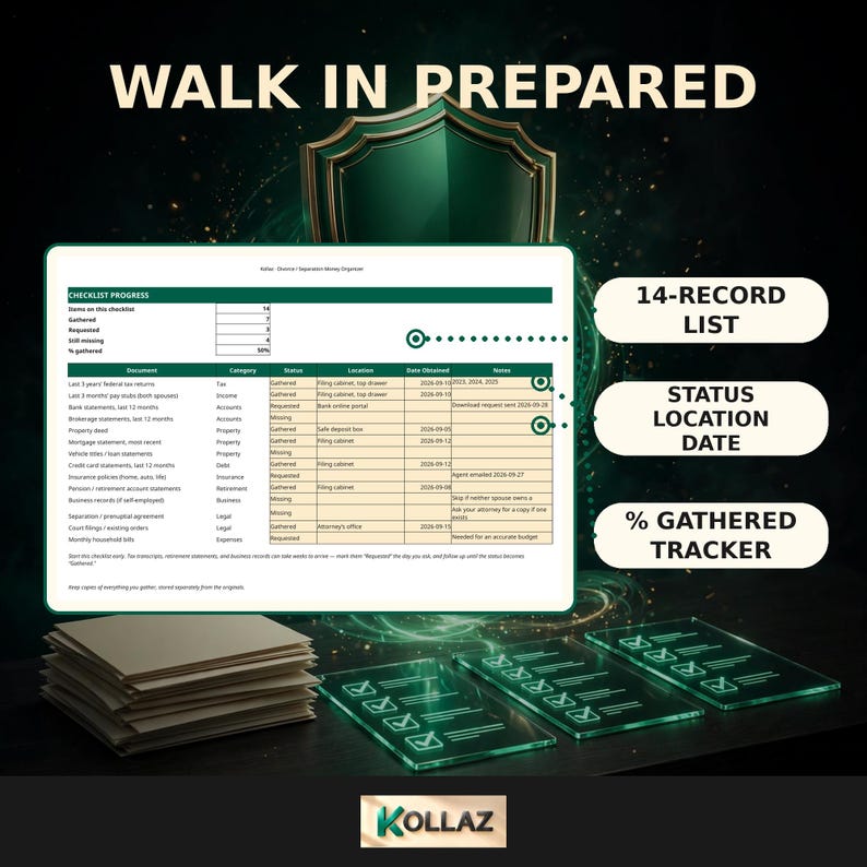 Pu&ograve; includere: Un organizzatore di documenti digitale intitolato WALK IN PREPARED con una tabella di controllo a 14 voci, colonne per stato, posizione e data, un tracker di percentuale, tre icone di lista in vetro e il marchio KOLLAZ.