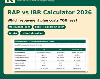 RAP vs IBR Calculator 2026 US — Student Loan Repayment Plan Comparison Spreadsheet, Payment Estimator, Excel Download