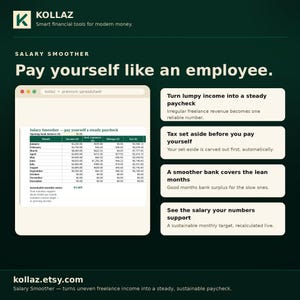 K&ouml;nnte beinhalten: Eine digitale Grafik f&uuml;r Kollaz Salary Smoother mit einer Tabellenkalkulationsoberfl&auml;che, die monatliche Einnahmen, Ausgaben und Netto-Daten anzeigt. Der Text lautet Pay yourself like an employee und kollaz.etsy.com.