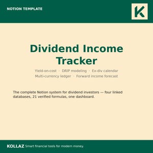Può includere: Un modello Notion intitolato Dividend Income Tracker con testo verde scuro su sfondo crema. Elenca funzionalità tra cui rendimento sul costo, modellazione DRIP, calendario ex-div, registro multivaluta e previsione del reddito futuro.