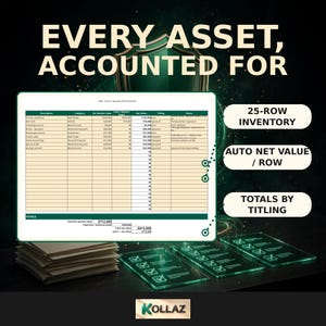 Pu&ograve; includere: Un modello di foglio di calcolo per l'inventario di beni digitali con una tabella di 25 righe, dotata di colonne per descrizione, categoria, valore di mercato, debito, valore netto e titolarit&agrave;. Include calcoli automatici per riga.