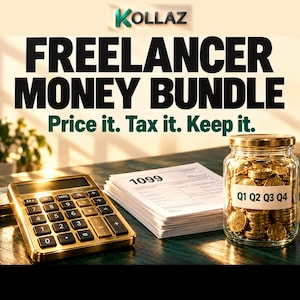 Puede incluir: Un gráfico digital titulado KOLLAZ FREELANCER MONEY BUNDLE Price it. Tax it. Keep it. que muestra una calculadora dorada, una pila de formularios de impuestos 1099 y un frasco de vidrio lleno de monedas de oro etiquetado Q1 Q2 Q3 Q4 sobre madera.
