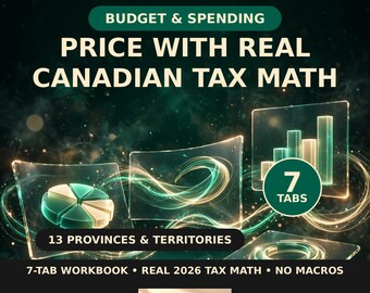 Könnte beinhalten: Eine digitale Budget- und Ausgabenarbeitsmappe für Excel und Google Sheets mit dem Text PRICE WITH REAL CANADIAN TAX MATH, 7 TABS, 13 PROVINCES & TERRITORIES und KOLLAZ. Die Grafik zeigt ein Kreisdiagramm und ein Balkendiagramm.
