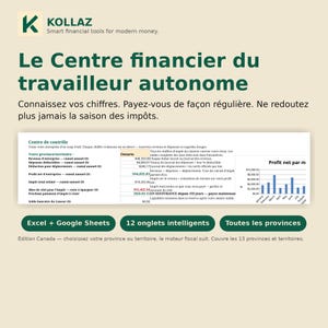 May include: A digital financial dashboard titled Le Centre financier du travailleur autonome by Kollaz. It features a control center with data tables for annual revenue, expenses, and tax estimates, alongside a bar chart showing net profit per month.