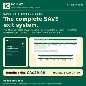Puede incluir: Un anuncio digital de color verde oscuro para el Kollaz Save Exit Bundle 2026. Incluye un manual rellenable de 41 páginas titulado The RAP Exit Playbook y un libro de trabajo de 9 pestañas con tablas comparativas para gestionar préstamos.
