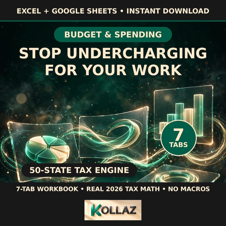 K&ouml;nnte beinhalten: Eine digitale Budget- und Ausgabenarbeitsmappe f&uuml;r Excel und Google Sheets mit einer Steuer-Engine f&uuml;r 50 Bundesstaaten, 7 Registerkarten und 2026 Steuerberechnungen. Die Grafik zeigt den Text STOP UNDERCHARGING FOR YOUR WORK, 7 TABS und KOLLAZ.