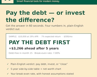 Debt vs Invest Calculator Excel | Pay Off Debt or Invest Decision Tool | 5-Year Net Worth Comparison Spreadsheet with Break-Even Rate
