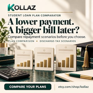Cover image of the Student Loan Repayment Plan Comparator 2026 by Kollaz. A dark green digital graphic for a student loan plan comparator featuring the Kollaz brand, showing a plan comparison table for RAP, IBR, and Standard repayment plans.