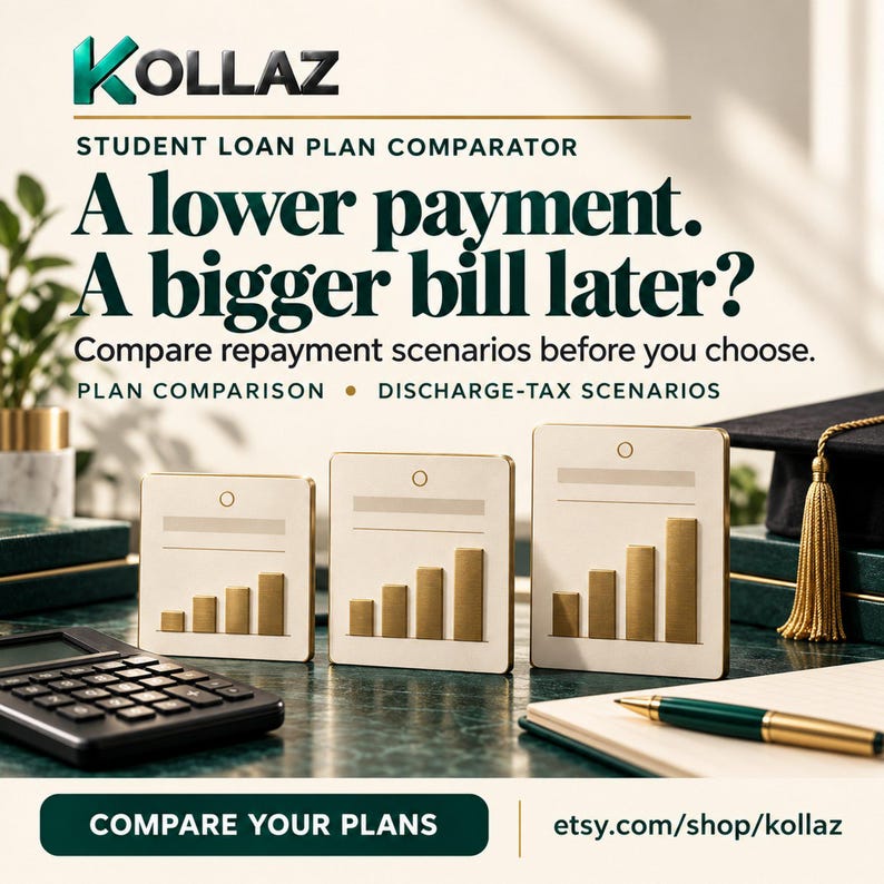 Cover image of the Student Loan Repayment Plan Comparator 2026 by Kollaz. A dark green digital graphic for a student loan plan comparator featuring the Kollaz brand, showing a plan comparison table for RAP, IBR, and Standard repayment plans.