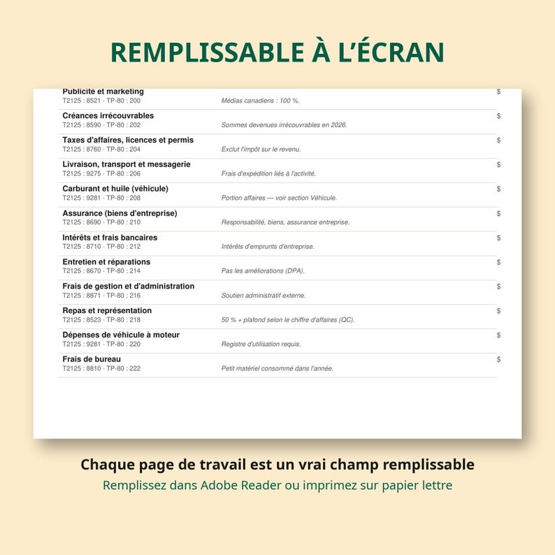 Planificateur fiscal 2026 travailleur autonome Québec | TP-80 + T2125, acomptes provisionnels, dossier comptable | PDF remplissable image 4