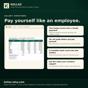Pu&ograve; includere: Un grafico digitale per Kollaz Salary Smoother che mostra un'interfaccia di foglio di calcolo con dati mensili su entrate, spese e netto. Il testo recita Pay yourself like an employee e kollaz.etsy.com.