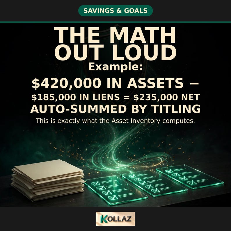 Pu&ograve; includere: Un grafico digitale intitolato SAVINGS & GOALS, THE MATH OUT LOUD, Example: $420,000 IN ASSETS &ndash; $185,000 IN LIENS = $235,000 NET AUTO-SUMMED BY TITLING. This is exactly what the Asset Inventory computes. Include una pila di fogli e tre liste di controllo verdi luminose.