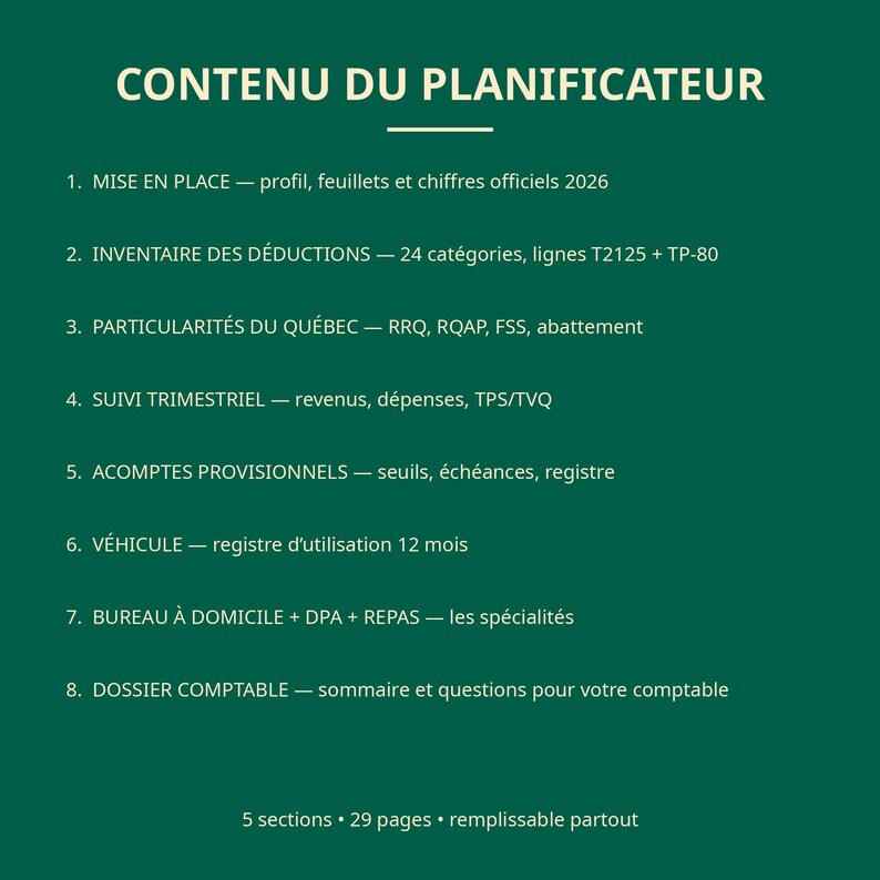 Planificateur fiscal 2026 travailleur autonome Québec | TP-80 + T2125, acomptes provisionnels, dossier comptable | PDF remplissable image 2
