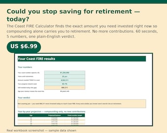 Coast FIRE Calculator Spreadsheet — Find Your Coast Number, 4% Rule Early Retirement Planner, Excel Download