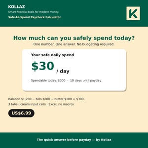 Safe to Spend Calculator Paycheck Budget Spreadsheet — Daily Spending Planner Until Payday, Excel Budget Tool