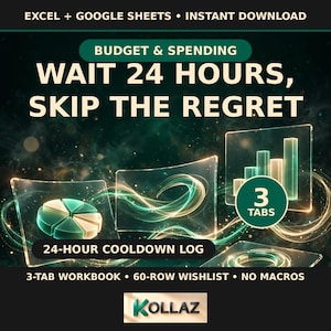以下が含まれることがあります： ExcelおよびGoogleスプレッドシート用の予算・支出管理ツール。WAIT 24 HOURS, SKIP THE REGRET, 24-HOUR COOLDOWN LOG, 3 TABS, 3-TAB WORKBOOK, 60-ROW WISHLIST, NO MACROSの文字と、緑と金の光るグラフが描かれています。