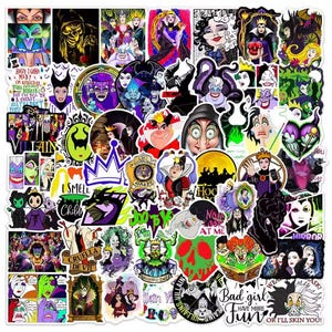 May include: A collection of colorful stickers featuring various Disney villains. The stickers showcase characters like Cruella de Vil, Ursula, and Maleficent, with text like "Bad girl have more fun" and "I smell child". The stickers are in various shapes and sizes.
