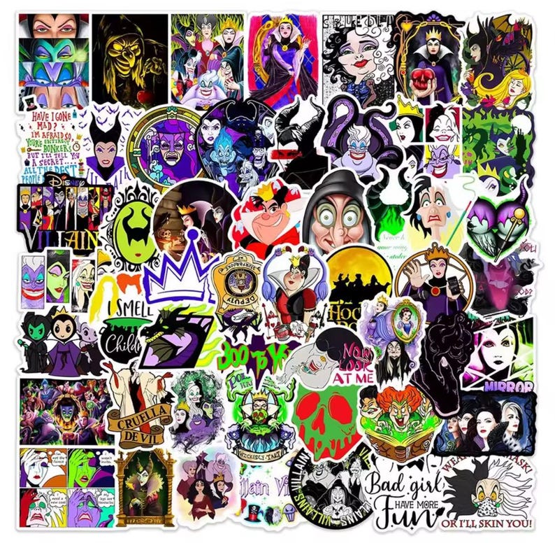 May include: A collection of colorful stickers featuring various Disney villains. The stickers showcase characters like Cruella de Vil, Ursula, and Maleficent, with text like "Bad girl have more fun" and "I smell child". The stickers are in various shapes and sizes.