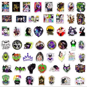 May include: A collection of colorful stickers featuring various cartoon villains. The stickers showcase characters with bold outlines and vibrant colors. Some stickers include text like "Mirror", "Bad Girls Fun", and "Hocus Pocus".
