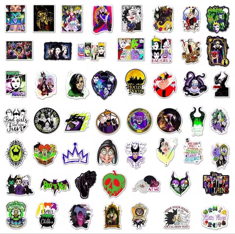 May include: A collection of colorful stickers featuring various cartoon villains. The stickers showcase characters with bold outlines and vibrant colors. Some stickers include text like "Mirror", "Bad Girls Fun", and "Hocus Pocus".
