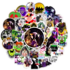 May include: A collection of colorful stickers featuring various cartoon villains. The stickers showcase characters in shades of purple, green, and black, with some designs including text. The stickers are of various shapes and sizes.