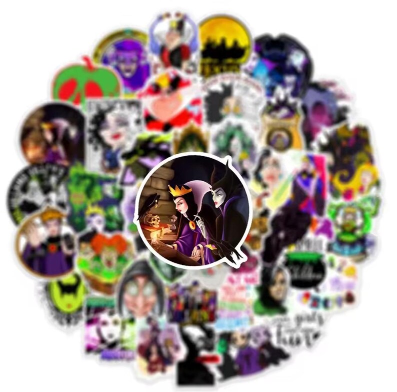 May include: A collection of colorful stickers featuring various cartoon villains. The stickers showcase characters in shades of purple, green, and black, with some designs including text. The stickers are of various shapes and sizes.