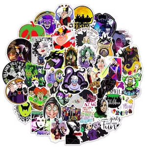 May include: A collection of colorful stickers featuring various Disney villains. The stickers showcase characters like Ursula, Maleficent, and the Evil Queen, with text like "Hocus Pocus" and "Mirror". The stickers are in various shapes and sizes.