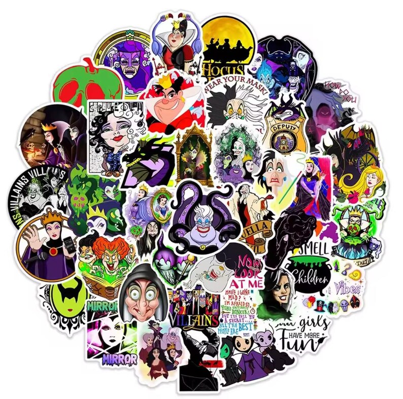 May include: A collection of colorful stickers featuring various Disney villains. The stickers showcase characters like Ursula, Maleficent, and the Evil Queen, with text like "Hocus Pocus" and "Mirror". The stickers are in various shapes and sizes.