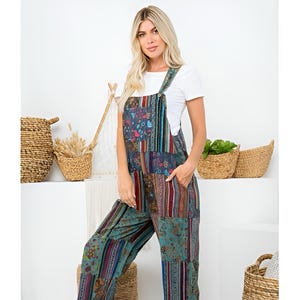 Boho Patchwork Overalls – Handmade Cotton Jumpsuit with Mushroom & Floral Prints | Hippie Overalls in S/M/L