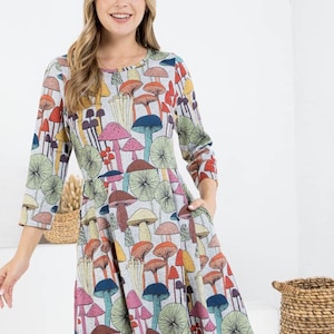 Whimsical Mushroom Print Dress – Retro Style with Pockets | Boho Cottagecore Aesthetic