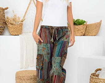Boho Hippie Patchwork Pants – 100% Cotton Baggy Festival Trousers with 5 Pockets | Handmade in Nepal | Unisex Yoga Pants | Same day Shipping