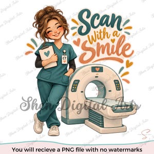 May include: A digital illustration of a healthcare professional in teal scrubs standing next to a CT scanner. The person holds a clipboard with a heart icon. The text Scan With a Smile is displayed in stylized teal and orange script with heart accents.