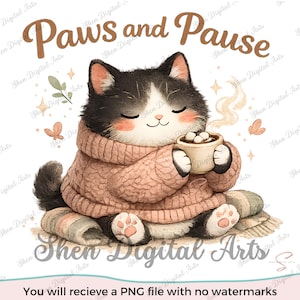 May include: A digital illustration of a black and white cat wearing a chunky pink jumper, holding a steaming mug with marshmallows. The text Paws and Pause is arched above the cat, with small butterflies and leaves surrounding the scene.