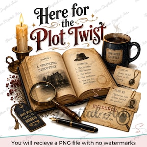 May include: A digital illustration featuring an open book titled A Shocking Discovery, a magnifying glass, a fountain pen, a candle in a brass holder, and a dark mug labeled One More Chapter. Includes cards with text Clue #1, Clue #2, and Evidence.