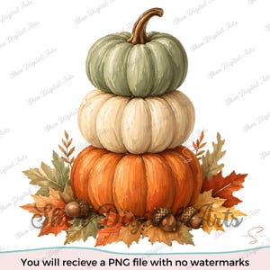 Könnte beinhalten: Aquarell-Illustration von drei gestapelten Kürbissen in Grün-, Creme- und Orangetönen. Die Kürbisse sind von Herbstblättern und Eicheln umgeben. Der Text unten lautet: "You will recieve a PNG file with no watermarks."