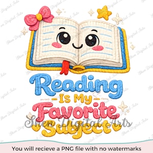 Könnte beinhalten: Bunte Illustration eines lächelnden, offenen Buches mit rotem Lesezeichen, rosa Schleife und Sternen. Der Text "Reading is My Favorite Subject" ist in Blau, Rosa und Gelb dargestellt.