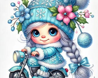 May include: A whimsical illustration of a cartoon character riding a blue motorcycle. The character wears a blue winter outfit with snowflake details, a matching hat with a pom-pom, and a long braid tied with a blue bow. The hat is adorned with flowers.