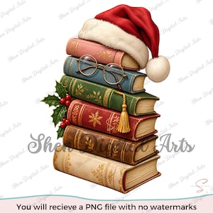 May include: A stack of five hardcover books topped with a red and white Santa hat. A pair of gold-rimmed glasses rests on the second book. A sprig of green holly with red berries is attached to the side, and a gold tassel hangs from the third book.