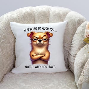 May include: White throw pillow with a cartoon dog with a grumpy expression. The text on the pillow reads "You bring so much joy... Mostly when you leave."
